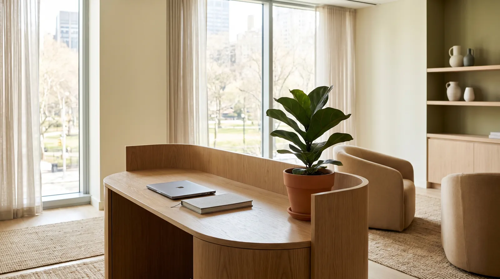 Helles Büro mit Schreibtisch und Pflanze