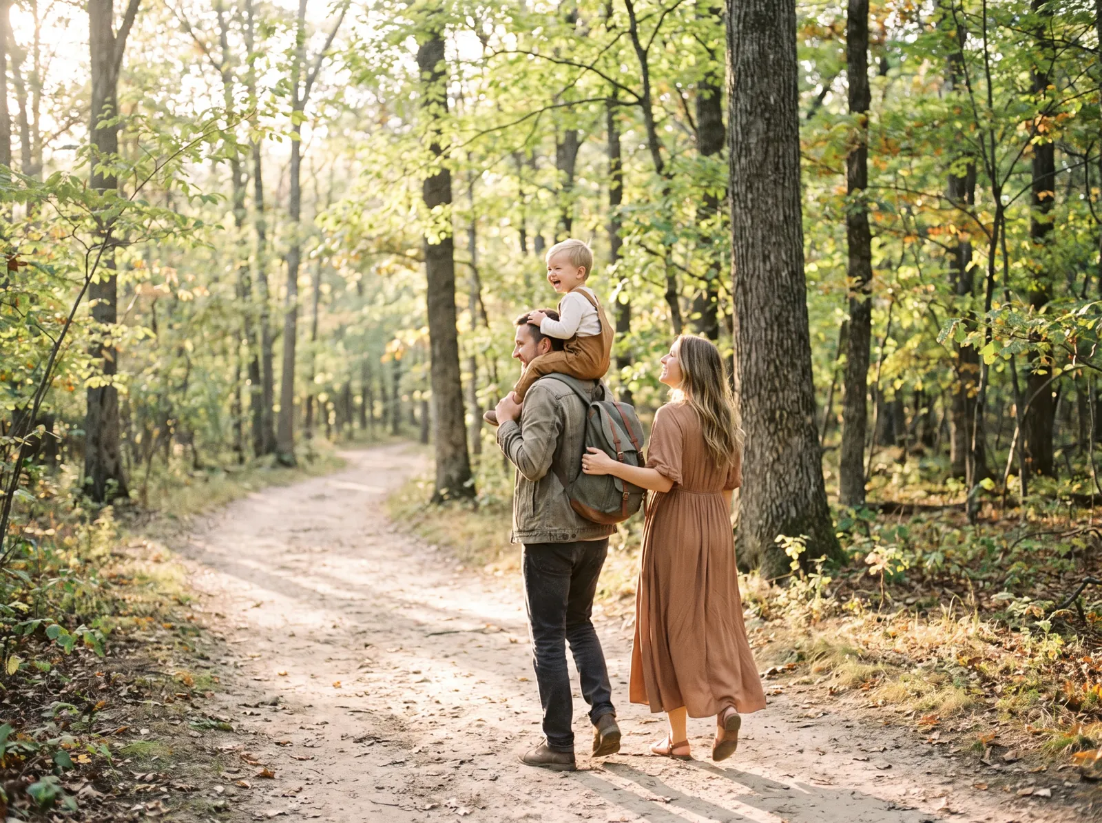 Familie beim Spaziergang auf einem Waldweg