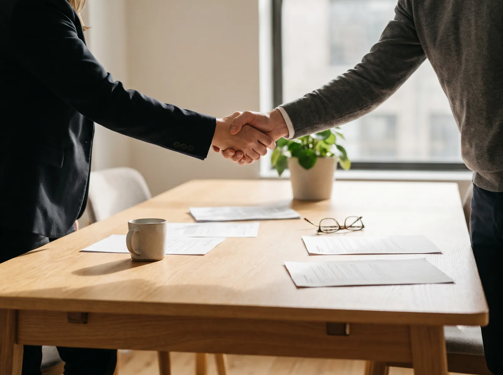 Handschlag zweier Geschäftspartner an einem Besprechungstisch
